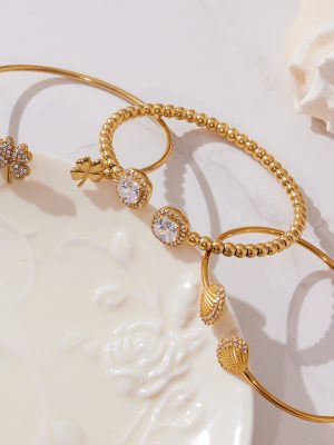 Exquisite Clover Inlaid Zirconium Fine Circle Open-Ended Bracelet Combination 18K Gold Plated Light Luxury Jewelry