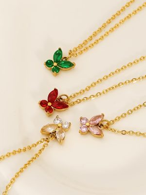 Colorful Stainless Steel Butterfly Necklace Light Luxury Diamond-Embedded Peacock Green Clavicle Chain Personalized Pendant All-Match Jewelry
