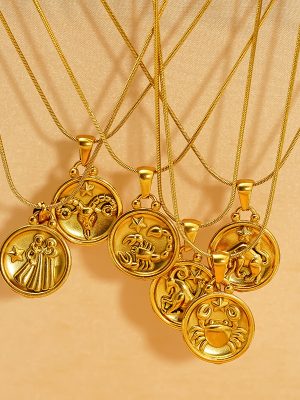 Retro Furnace 18K Gold Stainless Steel Double-Sided Twelve Constellations Necklace Female Pendant Batch