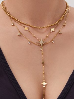 New Zircon Six-Pointed Star Y-Shaped Twin Necklace Bracelet Light Luxury Stainless Steel Jewelry Set