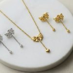 Chic Sweet Fresh Bow Heart-Shaped Tassel Earrings Necklace All-Match Stainless Steel Jewelry