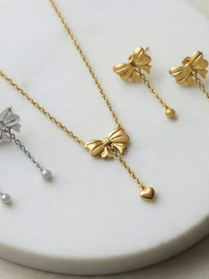 Chic Sweet Fresh Bow Heart-Shaped Tassel Earrings Necklace All-Match Stainless Steel Jewelry