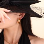 Vintage Natural Tigereye C- Shaped Earrings Open Ring Stainless Steel PVD Electroplated Maillard Ornament
