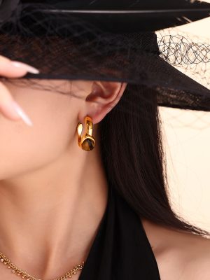 Vintage Natural Tigereye C- Shaped Earrings Open Ring Stainless Steel PVD Electroplated Maillard Ornament