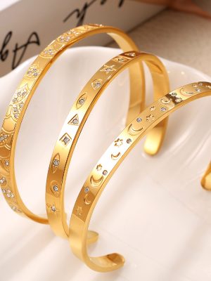 Exaggerated and Personalized All-Match Stainless Steel Inlaid round Zircon Marine Series Advanced Open-Ended Bracelet