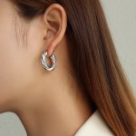 color: F435-French Twist Texture Thick Earrings Steel Color 1 Pair