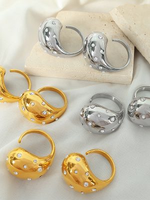 Stainless Steel Plated 18K Gold Ring Micro Rhinestone Plastic Beads Open Water Drop Ring Ornament