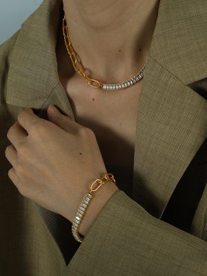 Dongdaemun Cold Design Zircon Stitching Necklace Bracelet Earring Set Simple Temperament Entry Lux