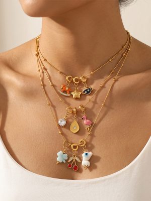 Simple Sweet DIY Trojan Planet Flamingo Multi-Element Pendant Twin Ball Clavicle Chain