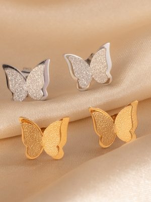 Double-Layer Butterfly Sand Surface Stainless Steel Studs All-Match Women's Light Luxury High-Grade 18K Earrings