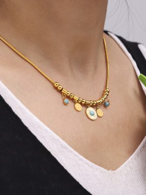 Turquoise round Plate Pendant Necklace Bracelet Light Luxury Accessories Stainless Steel Plated 18K Real Gold