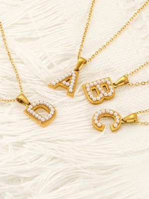 New Stainless Steel Pearl 26 Letter Necklace Simple Advanced Clavicle Chain Female Temperament All-Match Accessories