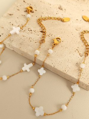 Shell Stainless Steel Steel Bracelets Necklace Set Advanced 18K Gold Plating New