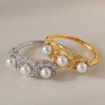 Stainless Steel Shell Pearls Zircon Side Opening Little Finger Ring Plated 18K Real Gold Light Luxury Temperament Ring Does Not Fade