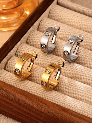 round Stainless Steel Inlaid Zircon Earrings Women's 18K All-Match Earrings