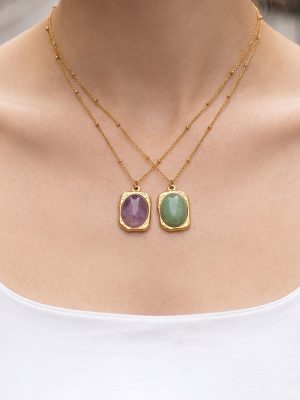 New Stainless Steel Plated 18K Gold Inlaid Natural Stone Women's Vintage Necklace Ornament