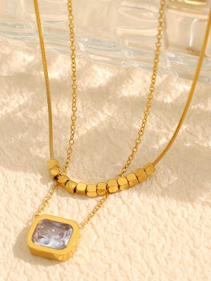 Necklace Ornament Double Layer Twin Female Exquisite Square Crystal Clavicle Chain Female