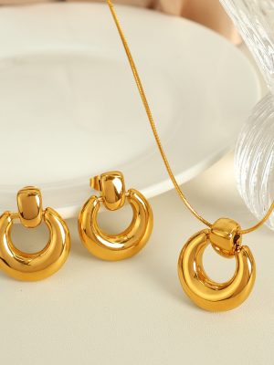 Glossy Fashionable Circle Necklace Set 18K Gold Plating Advanced Personality Women's Earrings