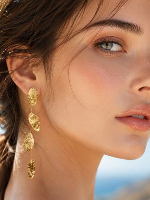 Tassel Leaf Hammer Pattern Stainless Steel Plated 18K Gold Light Luxury Female Earrings and Necklace Set