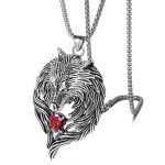 Ethnic Wolf Head Red-Point Brick Vintage Pendant Stainless Steel Men's and Women's Necklaces Sweater Chain Accessories Dark Red