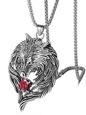 Ethnic Wolf Head Red-Point Brick Vintage Pendant Stainless Steel Men's and Women's Necklaces Sweater Chain Accessories Dark Red