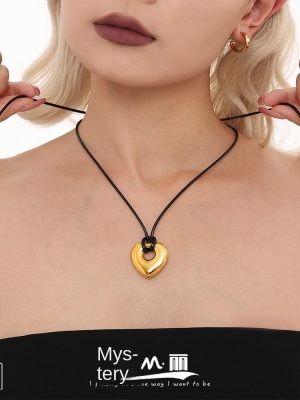 Stainless Steel Heart Leather Rope Long Sweater Chain Pull Adjustable Solid Pendant PVD Real Gold Jewelry