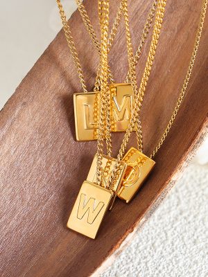 New Personalized 26 Letters Chain Square Stainless Steel Gold Plated Pendant Ornaments Women