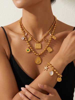 Vintage Bohemian Eight Awn Star Evil Eye Palm DIY Multi Pendant round Beads Bracelet and Necklace Set