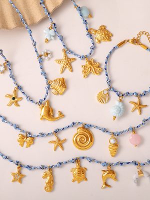Blue Rope Decoration Marine Series Pendant Starfish Dolphin Turtle Multi-Pendant Necklace, Bracelet Set