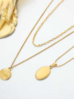 French Double Layer Twin Queen Portrait Oval Pendant Necklace DIY Gold-Plated Collarbone Necklace