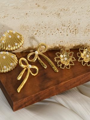 Stainless Steel 18K Gold Plating Bow Shell Flower Stud Earrings Women's High-Grade Light Luxury Earrings
