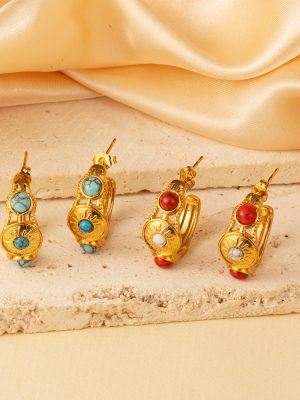 French Retro Stainless Steel Earrings All-Match Women's Light Luxury Inlaid Turquoise Plated 18K Earrings