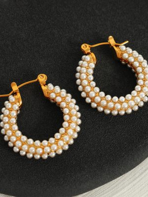 Full Pearl Rhinestone Ear Ring Light Luxury Stainless Steel Earrings High Grade All-Match Jewelry Women