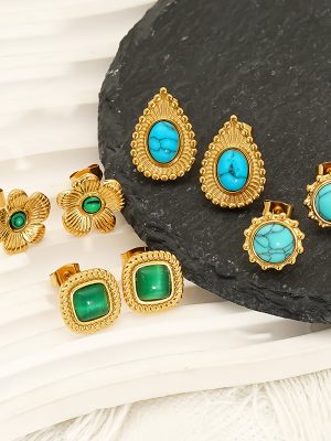 Stainless Steel Turquoise Stud Earrings Plated 18K Real Gold Earrings Simple Advanced Ornament