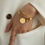 color: E118-English Letter Gold Coin Elastic Cord Bracelet