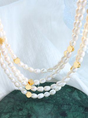 Gold Small Cylindrical Stitching Irregular Oval Freshwater Pearl Mother Necklace French Style Non-Fading Neck Necklace Women