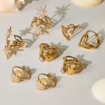 5A Zircon Eight Awn Star Open Hollow Ring Stainless Steel 18K Gold Same Style Accessories