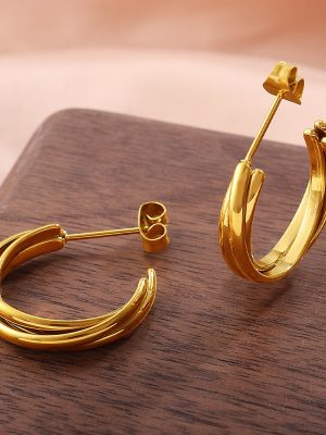 French Design Retro C- Shaped Three-Layer Earrings Stainless Steel 18K Gold Plating All-Match Earrings for Women