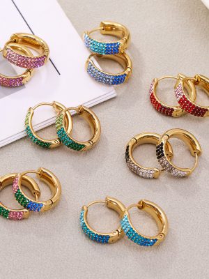 Flash Color Zircon Color Matching Spherical Earrings Large, Medium and Small Size Ear Clip Stainless Steel Plated 18K Gold Accessories