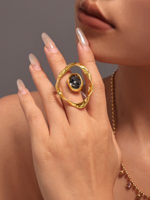 Czech Large Diamond Special-Shaped Large round Eye-Catching Ring Women's Copper Plated Real Gold Fashionable Supply