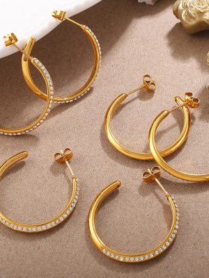 Simple Personality Rhinestone Earrings Stainless Steel 18K Gold Plating Geometric C- Shaped Ear Hoop Jewelry