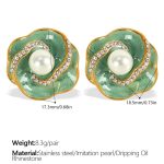 color: EH660GNG White Rhinestone Green Enamel Earrings