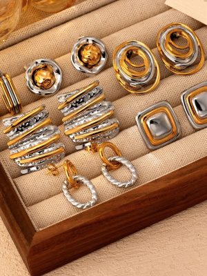 Irregular Geometric Ellipse Earrings Gold Double Color Lines Earrings All-Match Stainless Steel Ornament