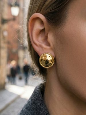 Stainless Steel Studs round Hammered 18K Thick Gold Plated Ornament Three-Dimensional Elegant Earrings for Women Spring and Summer