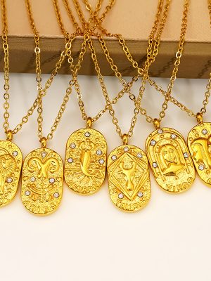 Simple Retro Pendant Jewelry Stainless Steel Casting Oval Zircon Constellation Necklace