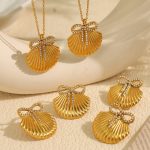 Summer New 18K Gold Stainless Steel Shell Bow Rhinestone-Encrusted Earrings Necklace