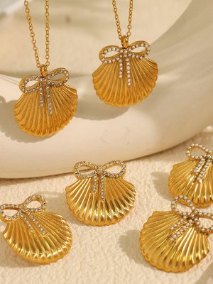 Summer New 18K Gold Stainless Steel Shell Bow Rhinestone-Encrusted Earrings Necklace