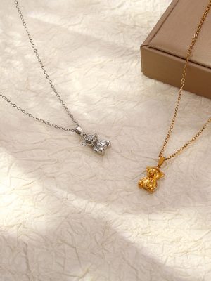 All-Match Mini Stainless Steel Bear Pendant Necklace Advanced Retro Plated 18 Color Retention