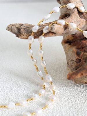 French Stainless Steel Non-Fading Long Romantic Freshwater Pearl Necklace Ornament Interval Steel Ball Mother Jewelry