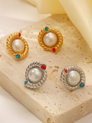 INS French Court Advanced Inlaid Pearl Stainless Steel Earrings Women's 18K Gold Plating Earrings